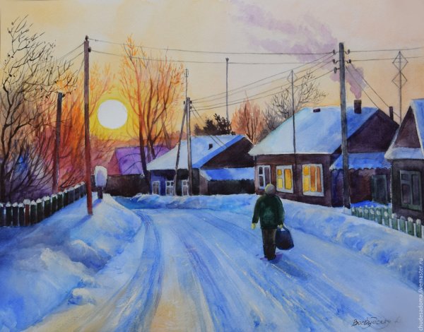 Зимний деревенский пейзаж акварелью