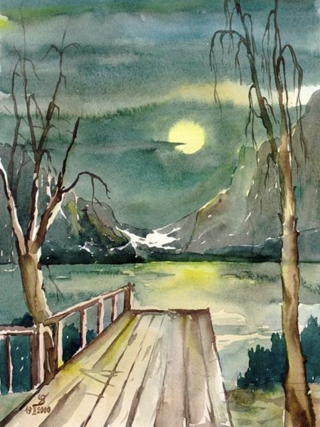 Пейзаж акварелью вечер