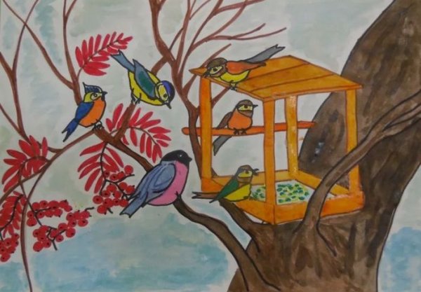 Рисование птицы на кормушке