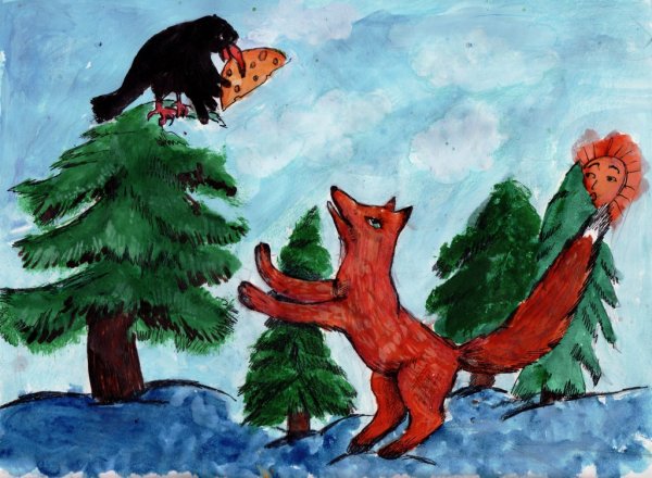 Иллюстрация к басне Крылова ворона и лисица