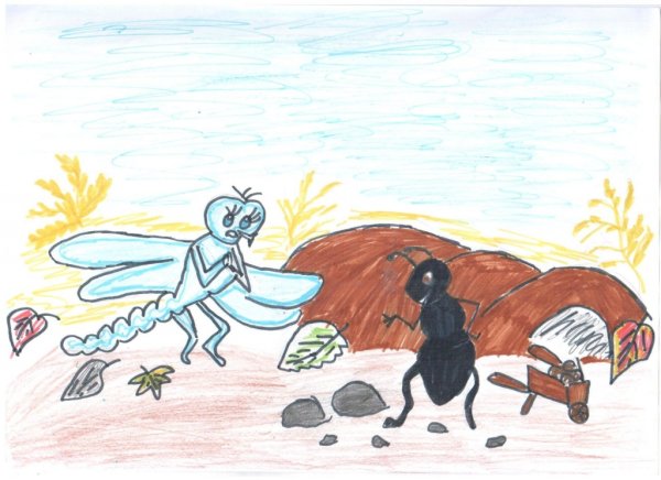Рисунок к басне Крылова Стрекоза и муравей