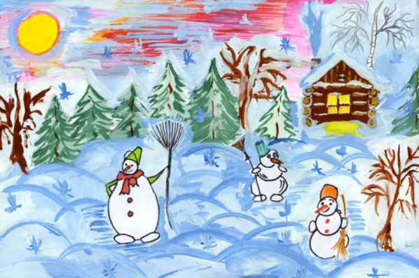 Зимний пейзаж цветными карандашами