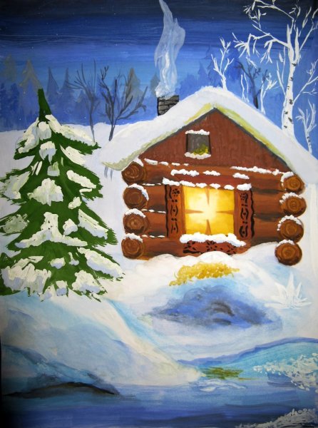 Зимний пейзаж избушка для детей