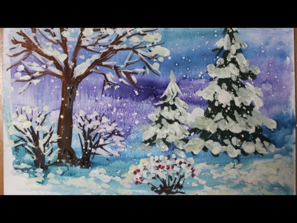 Зимний лес красками для детей
