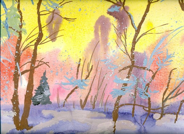 Зима гуашью для детей