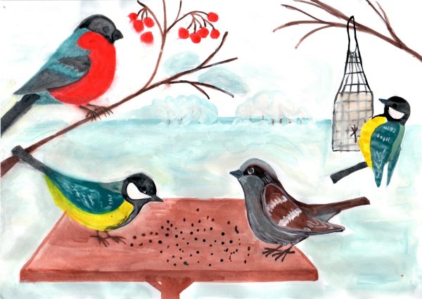 Рисование зимующие птицы