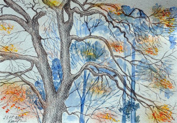 Осенний пейзаж цветными карандашами