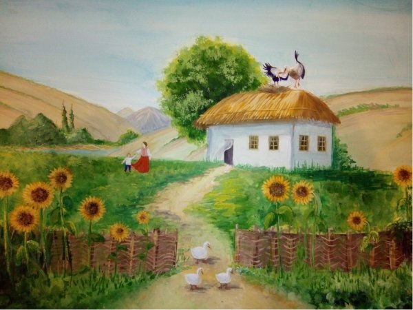 Украинская хата с подсолнухами