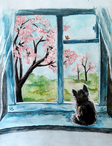 Пейзаж за окном акварель