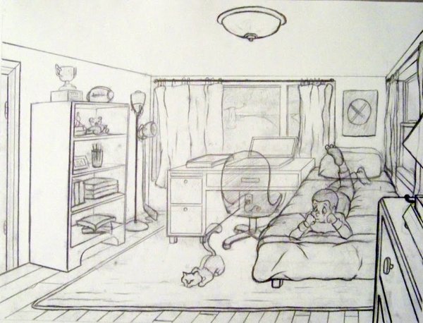 Комната подростка карандашом