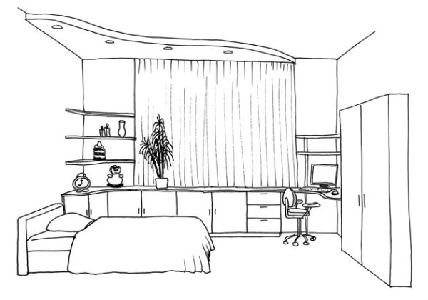 Раскраска интерьер комнаты подростка