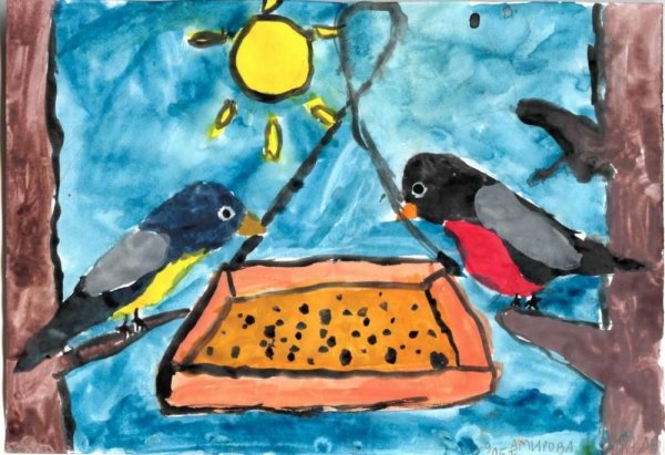 Рисование птицы зимой