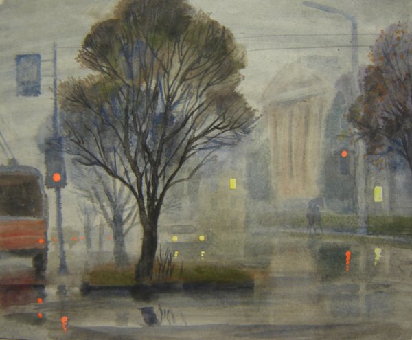 Пасмурная осень акварель