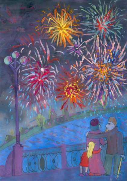 «Праздничный салют над городом» (восковые мелки + акварель)