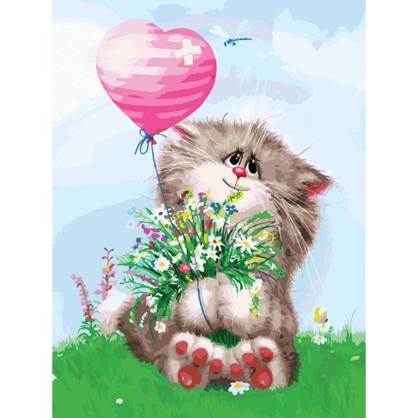 Котенок с букетом цветов