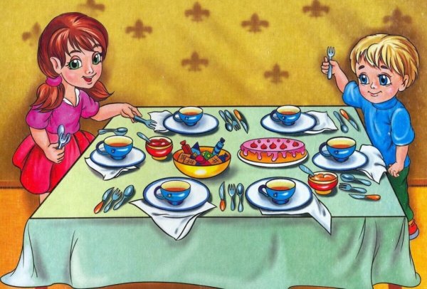 Дети накрывают на стол в детском саду