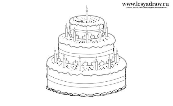 Нарисовать торт на день рождения карандашом