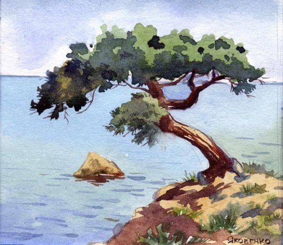 Пейзаж с морем и деревьев гуашью