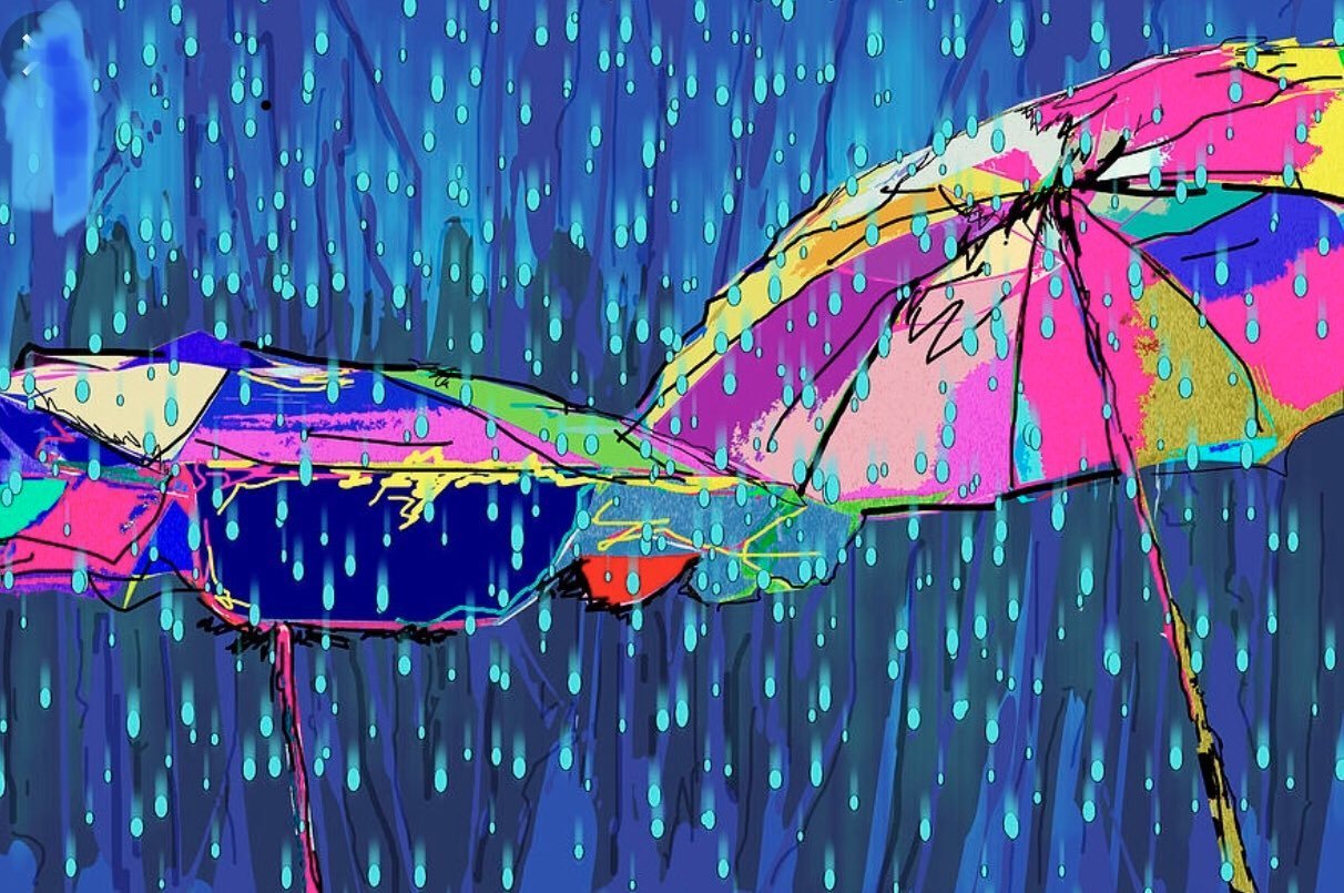 Цветной дождь. Разноцветный дождь. Картина зонтики. Зонтики в живописи. Разноцветные зонтики.