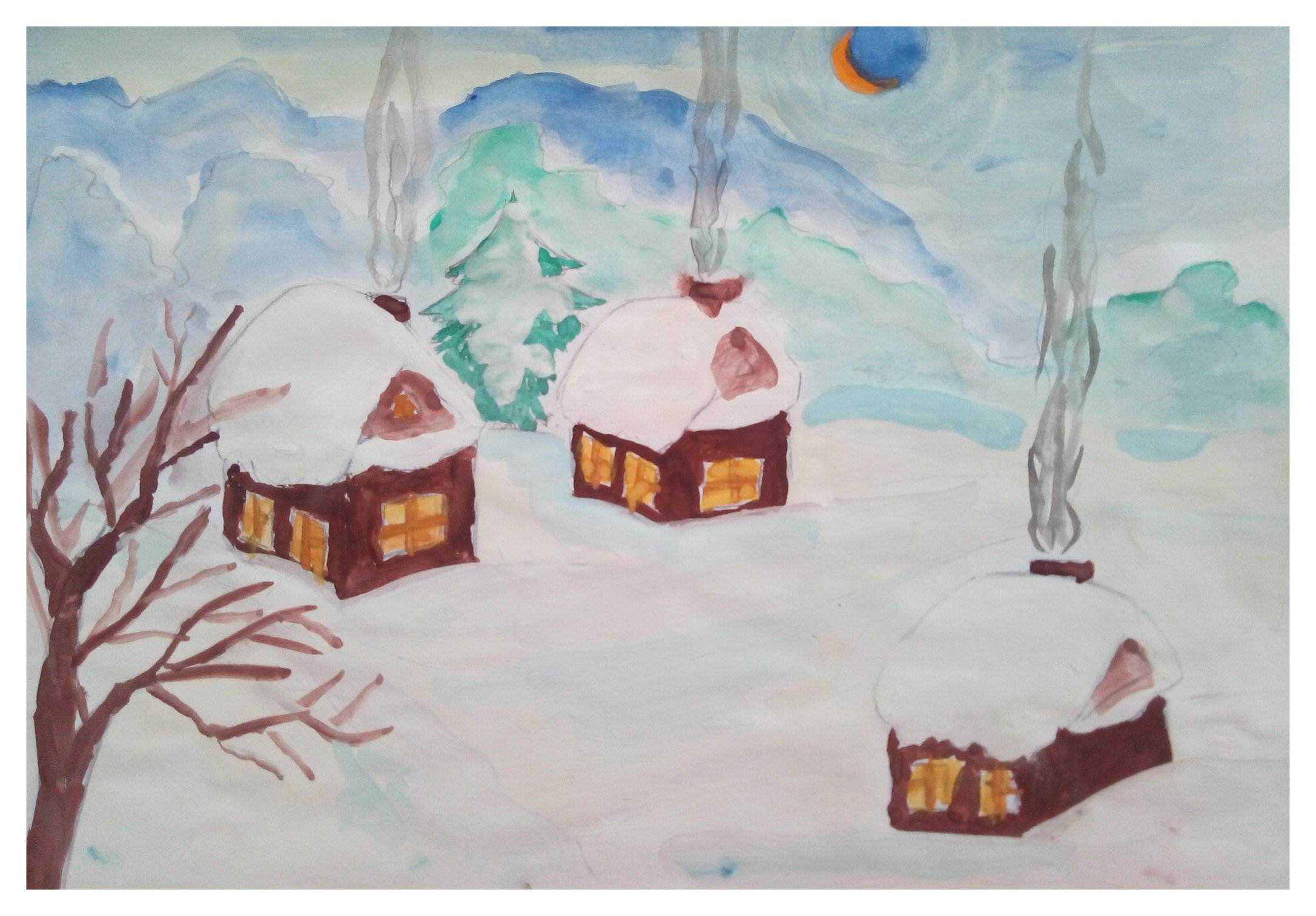 Рисование зимняя деревня старшая группа