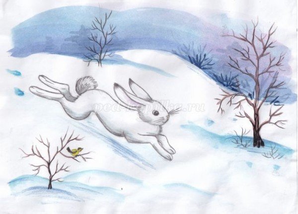 Зайчик в зимнем лесу рисование