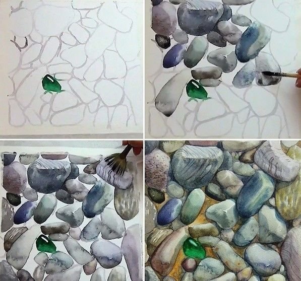 Морские камешки акварелью