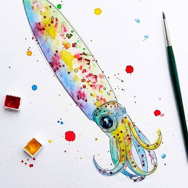 Кальмар акварель для дошкольников