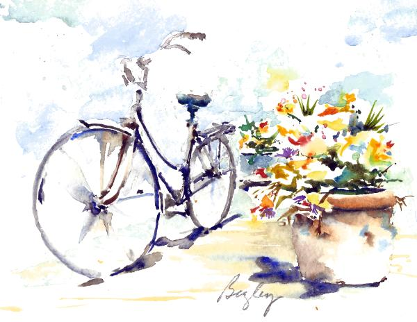 Велосипед цветы акварель