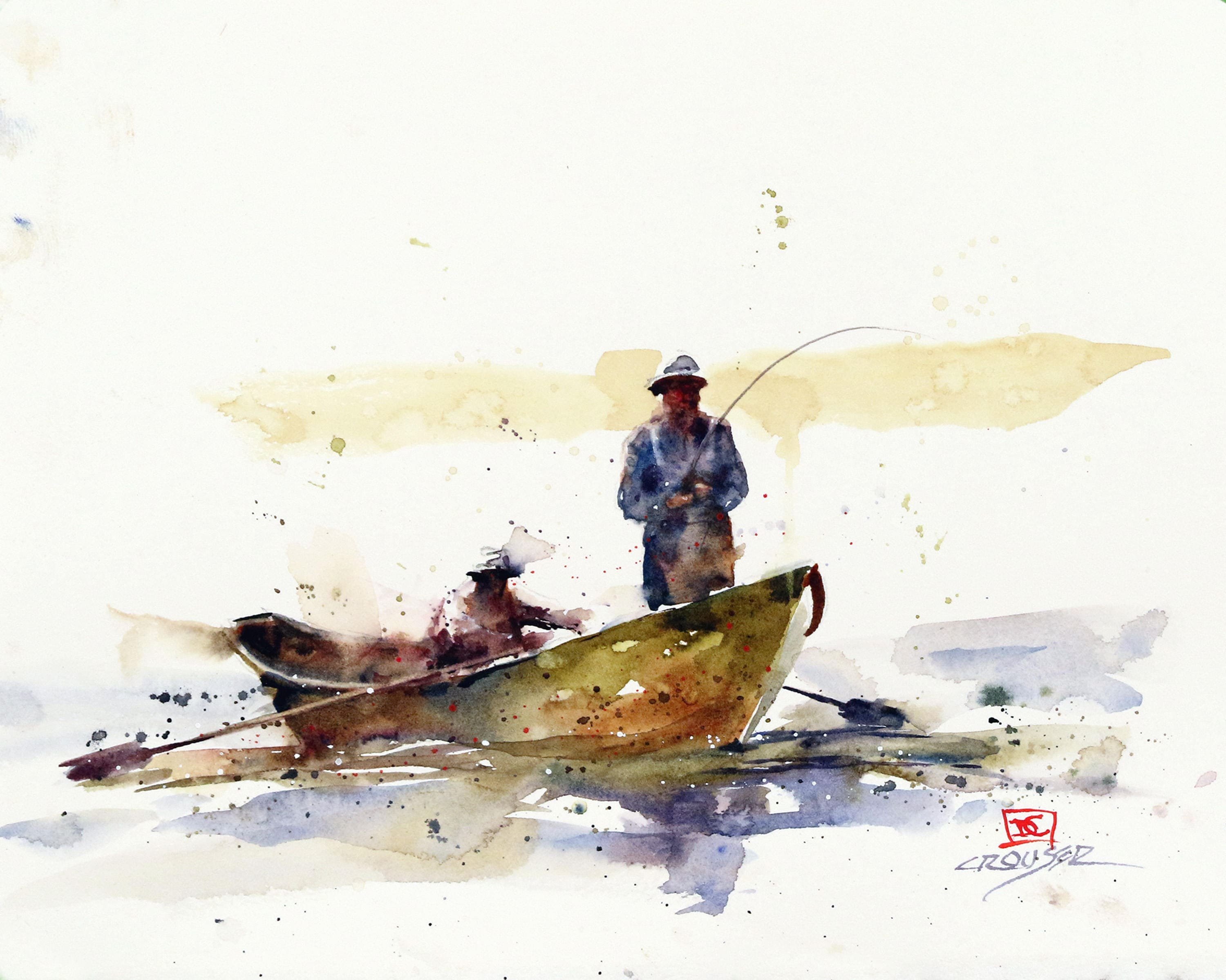 Лодка с рыбаком картина акварелью