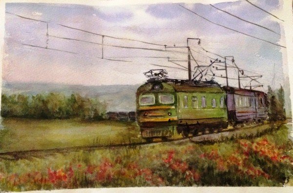 Электропоезд акварель