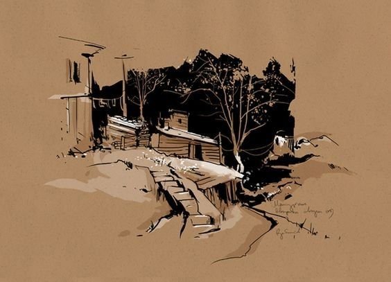 Пейзаж в графике тушью