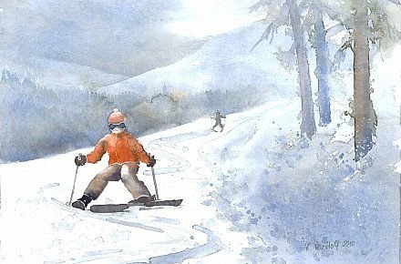Зима акварель лыжники