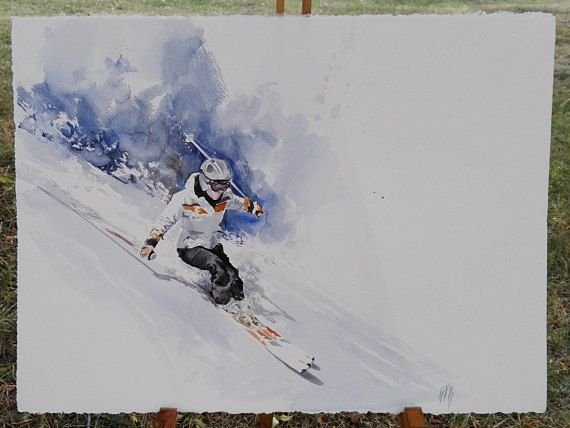 Лыжники акварель