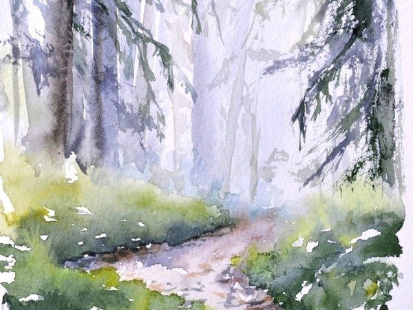 Акварель ручей в лесу