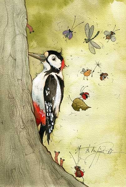 Дятел акварелью