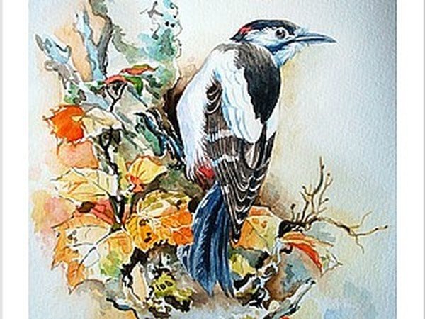 Дятел акварелью