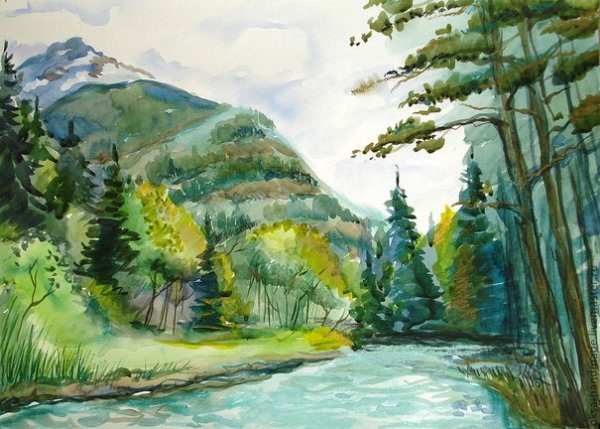 Горный пейзаж акварелью