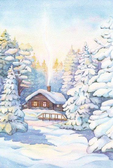 Зимний пейзаж с домиком акварелью
