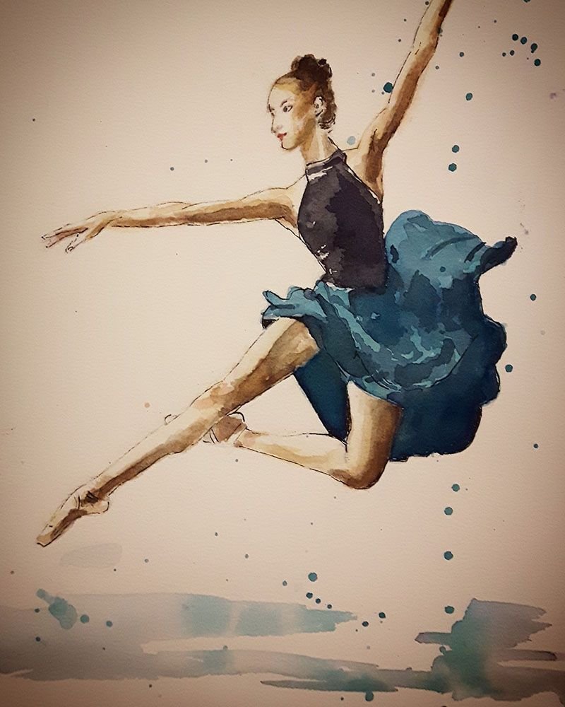 Балерина в движении акварелью