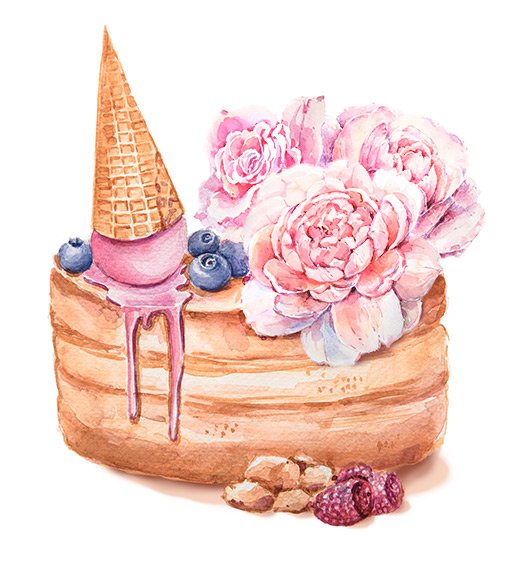 Розовый торт акварель