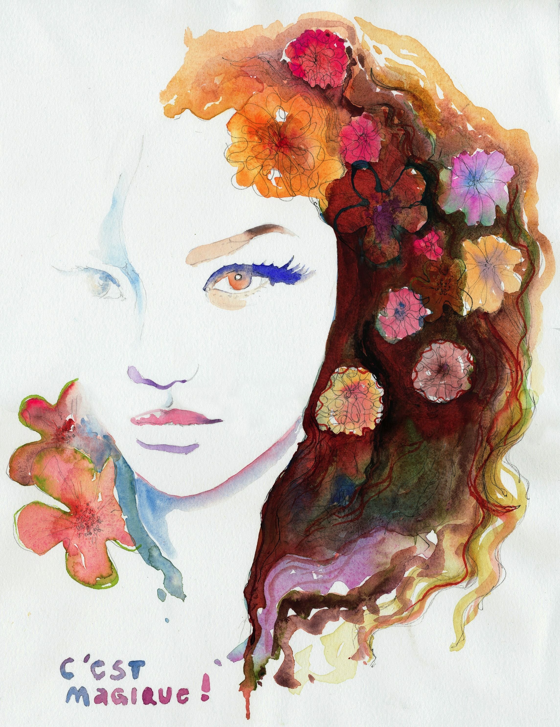 Портрет акварелью с цветами