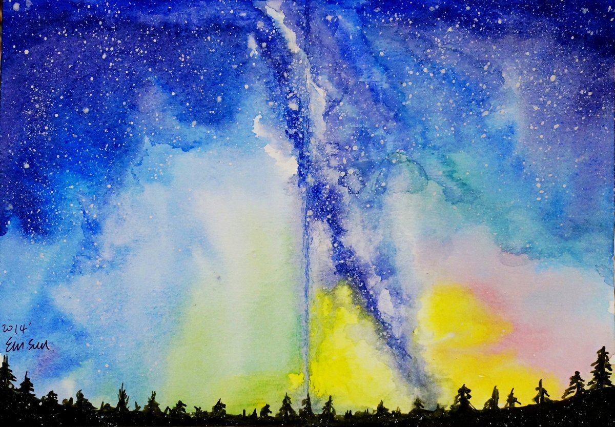 Космос акварелью для детей. Небо акварель. Ночное небо акварелью. Рисование по мокрому. Небо красками.