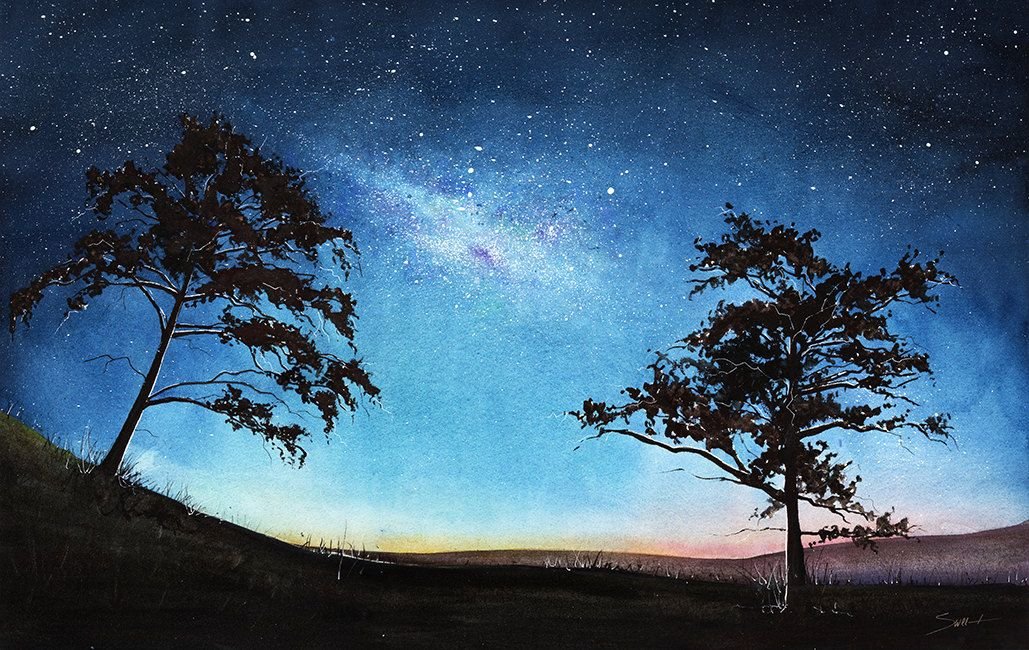 Художник рисует звездное небо подчеркни в предложении. Ночное небо акварелью. Звездное небо акварель. Звездное небо гуашью. Ночной пейзаж акварелью.