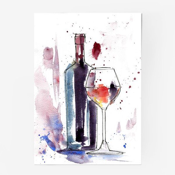 Бокал вина акварелью