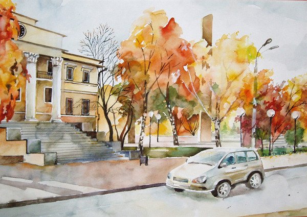 Городской осенний пейзаж гуашью