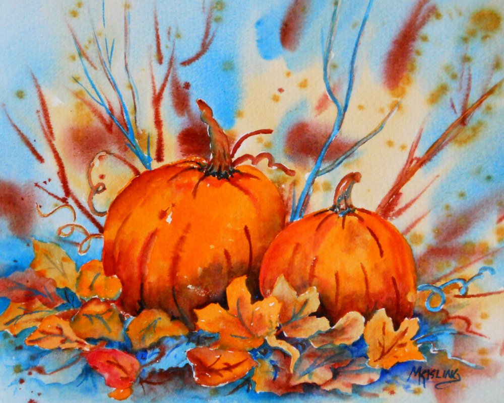 Осенний натюрморт с тыквой акварелью