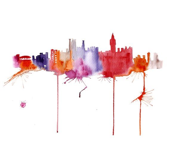 Город акварелью на белом фоне