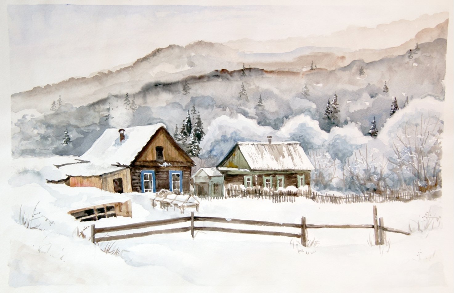Зимняя деревня нарисовать