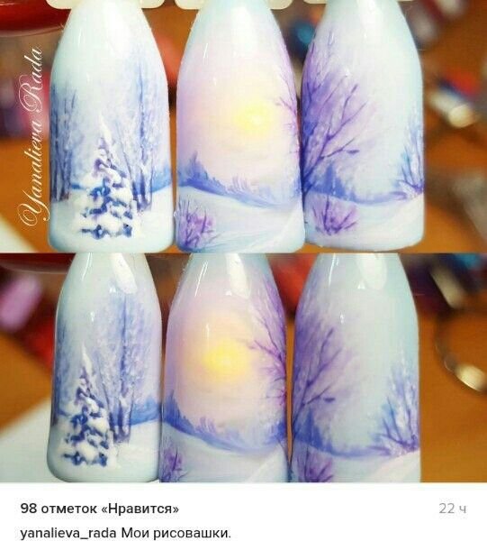 Зимний пейзаж на ногтях