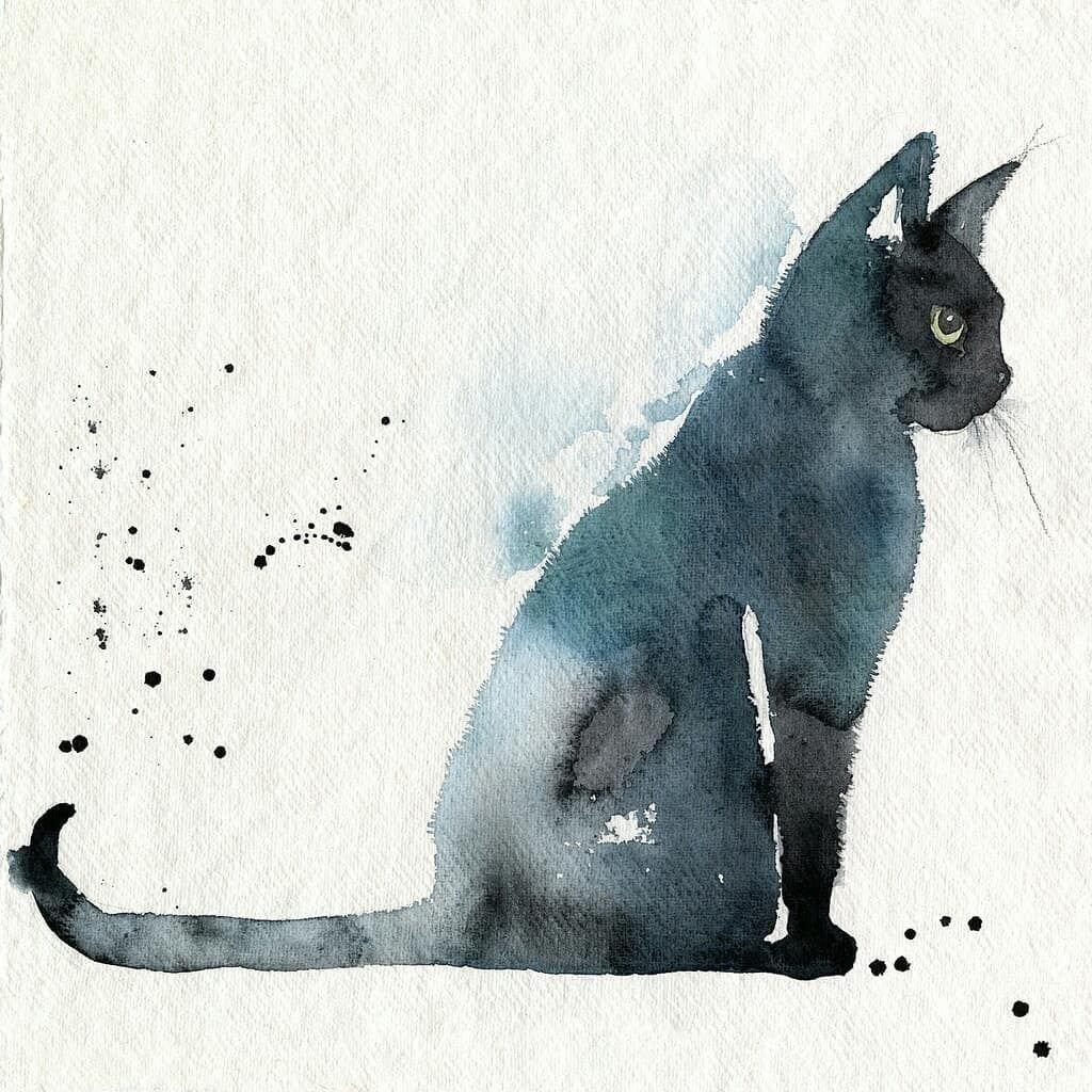 Черная кошка акварелью